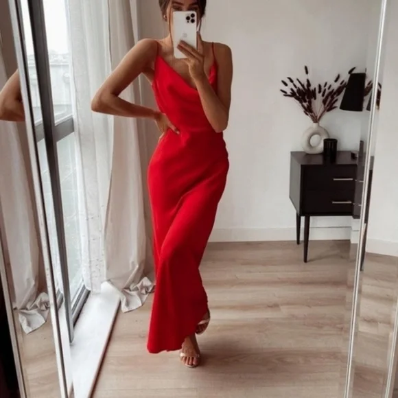 Zara bright Red Satin Effect Lingerie Style maxi Cowl Neck Dress - Picture 2 of 13